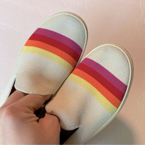 Rothy's Pink Candy Stripe white rainbow slip on sneaker shoes flats round kids 3 - Picture 6 of 12
